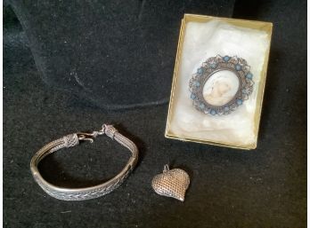 Sterling Silver Bracelet, Silver Heart Pendant & Silver  Pin