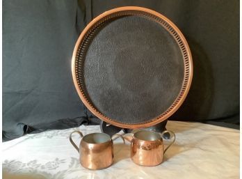 Copper Serving Tray With Sugar Bowl And Creamer