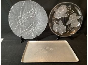 MCM Aluminum Tray And 2 Embossed Glass Servers