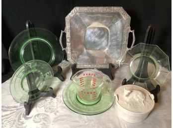 Green Depression Glass Dishes & Metal Serving Tray