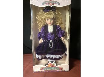 New In Box-Genuine Porcelain Doll With Velvet Dress