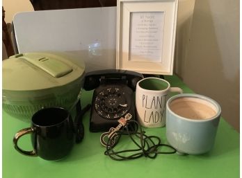ECLECTIC LOT INCLUDING PHONE, KTCHEN AIDE SALAD SPINNER & MORE- SEE DESCRIPTIO