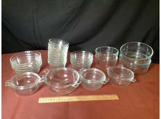 Group Of Clear Pyrex, Bowls , Dessert Dishes, Covred Bowls & More