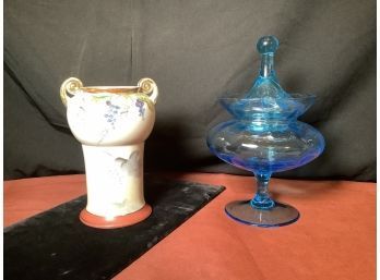 MCM Ocean Blue Candy/Nut  Compote & Nippon Hand Painted Vase