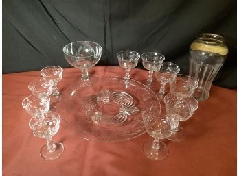 ETCHED CAKE PLATE, ETCHED COMPOTE & CHAMPAGNE GLASSES& MORE