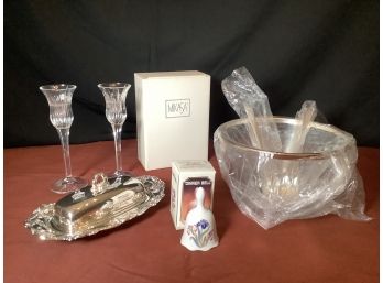 Elegant Eating W/ New  Butter Dish, Mikasa Candle Sticks W/Tags, New-Salad Bowl, New Dinner Bell
