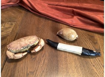 Carved Bone And Wood Fish & Crab Replica