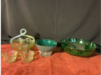 Assorted Green Glass Including Vaseline Glass