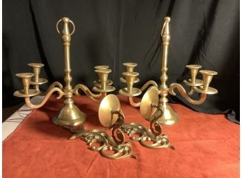Pair Brass Candelabras  And Wall Sconces