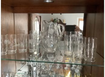 Etched Glass Pitcher With Glasses