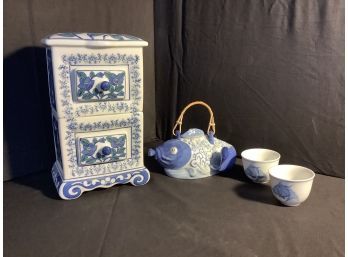 Ceramic Spice Or Tea Holder Plus Tea Pot And Cups