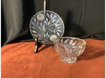 Hand Cut Crystal  Rose & Leaf Design Bowl With Underplate