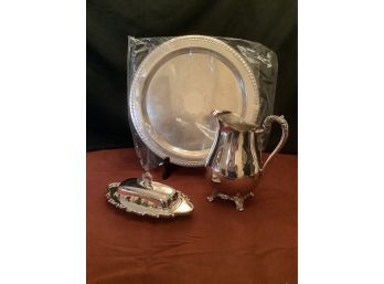 Very Nice Silver Plated Pitcher & Serving Tray & Covered Butter Dish
