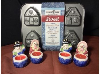 New-Nordic Ware Mini Gingerbread House Cake Pand & Mr & Mrs Snowman Votives