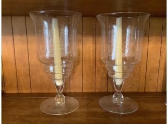 PAIR OF GLASS ENGRAVED CANDLE HOLDERS
