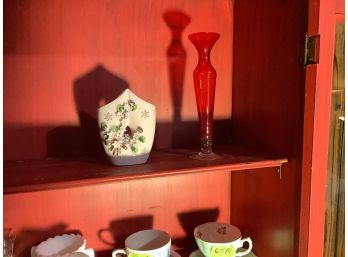 Vintage Pink Vase  And Red  Glass Bud Vase