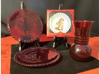 Ruby Red Glass Dishes, Vase & More