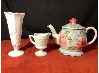 Vintage Westmoreland Grapevine Vase, New Teapot, Creamer