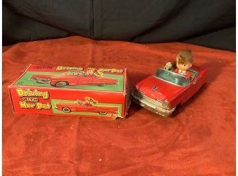 Vintage Tin Toy Driving With Her Pet Car