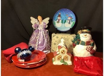 MIckey Mouse Ornament With Tags, Snowman Cookie Jar, Cherry Red Dishes  & More