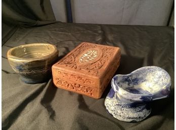 CARVED WOODEN JEWELRY OR TINKET BOX WITH INLAID FLOWER ON LID & MORE