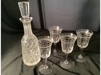 4 Fine Etched Wine Glasses And Crystal Wine Decanter
