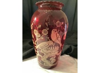 Large Vintage Ruby Red Glass Vase With Bird And Flower Motif
