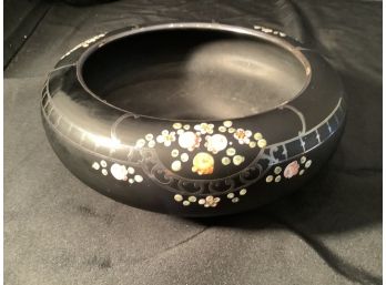 NICE HEAVY BLACK POTTERY WITH DELICATE HAND PAINTED FLOWERS