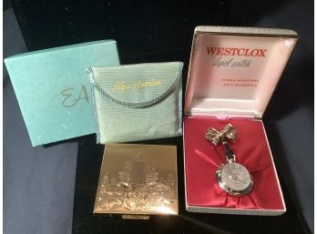 COLLECTIBLE VINTAGE 1950S ELGIN AMERICAN MAKE UP COMPACT CASE AND WESTCLOX LAPEL WATCH