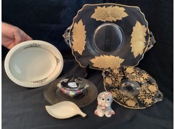 LOT OF GLASSWARE INCLUDING GOLD PAINTED PLATER AND LENOX SERVING BOWL
