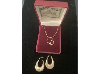14K PAIR OF EARRING AND GOLD PLATED HEART PENDANT ON CHAIN