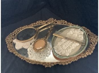 GORGEOUS OLD FASHIONED VANITY SET INCLUDING A  LARGE STARDUST TRAY