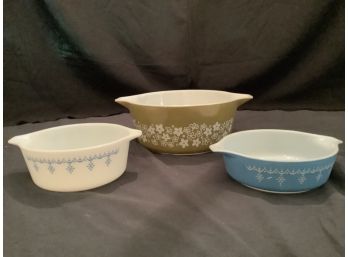 3 Vintage Pyrex  Handled Bowls-Clean Used Condition