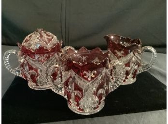 Antique Venetian Glass Sugar Bowl, Creamer And Jam/jelly  Jar