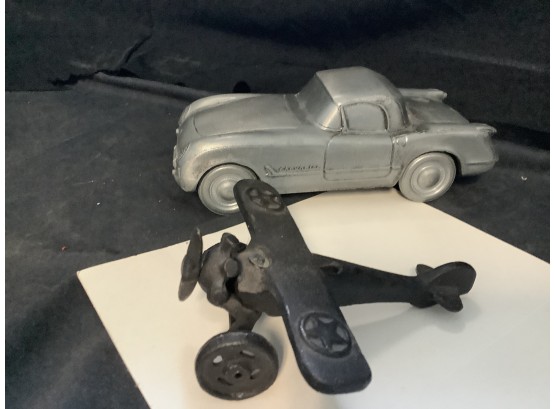Cast  Iron Fighter Plane And  Die Cast Chevrolet Bank