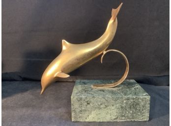 Brass Dolphin On Green Marble Base