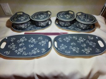 Set  Of 4 Lidded Soup And Sandwich Sets, Lids, Floral Lace Grey, Ceramic, Hand-painted, Temp-tations By Tara,