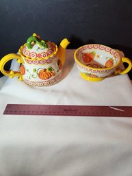 Pumpkin Patch Tea For One, Set, Temp-Tations By Tara, Stoneware, Hand-painted Ceramic, Teapot
