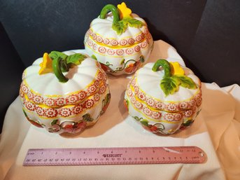 Temp-tations By Tara, 'Pumpkin' Set Of 3 Bakers, Pumpkin, Ceramic Baking Dishes With Lids,