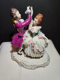 Frankenthal, Dresden Art, West Germany, Lace Couple Dancing, Porcelain Figurine, Hand Painted