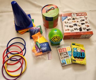 Lot Of Children's Games, Puzzle, NIB Card Games, Ring Toss, Bubble Machine