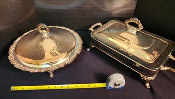 Two Silver Plate Serving Pieces, Pyrex Glass Inserts, 9x13