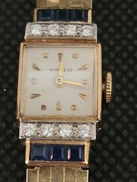Exquisite Movado Tiffany Antique Diamond, Sapphire, 14K Gold Watch, Gold Band, Circa 1930's, Original Box