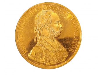 (coin Lot #SD70)   1915 Gold 4 Ducat Coin, Austria, Franz Joseph I, Rare And Scarce Coins