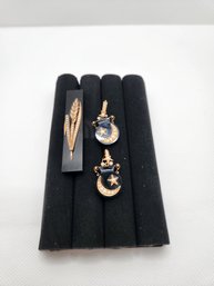 Vintage Turkish Flair Black Onyx And Pearl Earring And Pin Set, Suite Gold Filled
