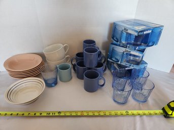 Circleware Blue Window Glass Tumblers, Mugs, Bowls, Waechtersbach German Coffee Cups Dishes