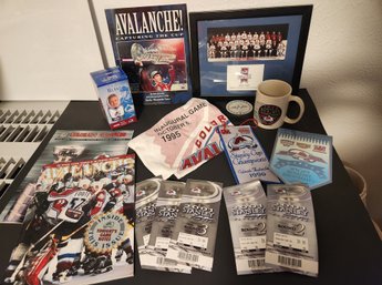 Lie 2: Colorado Avalanche NHL Hockey Memorabilia Swag, Inaugural Game Ticket, Team Photo, Stanley Cup Playoff