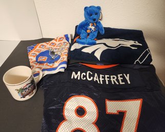 Denver Broncos And FL Memorabilia, McCaffrey Jersey, New Mug, Beanie Bear, New Beach Towel