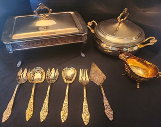 (N10) Gold Plate Chafing, Serving Dishes, Utensils, Creamergravy, Eales Sheffield, Whiting, Pyrex