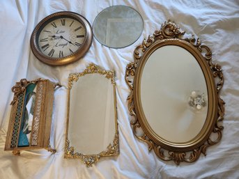 Vanity Dresser Mirror, Wall Mirror, Tissue Holder, Clock, Gilt Fancy French Country Decor
